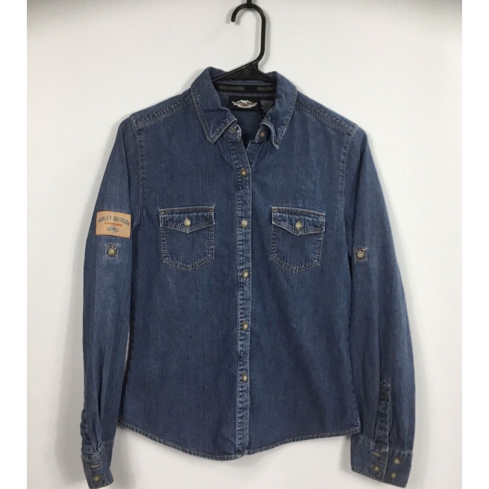 Harley Davidson Shirt Denim Button Down Harley V Twin Patch Womens Size S